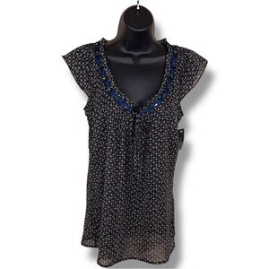 New XS Bisou Bisou Blouse Short Sleeve Vneck Black White Blue Beaded